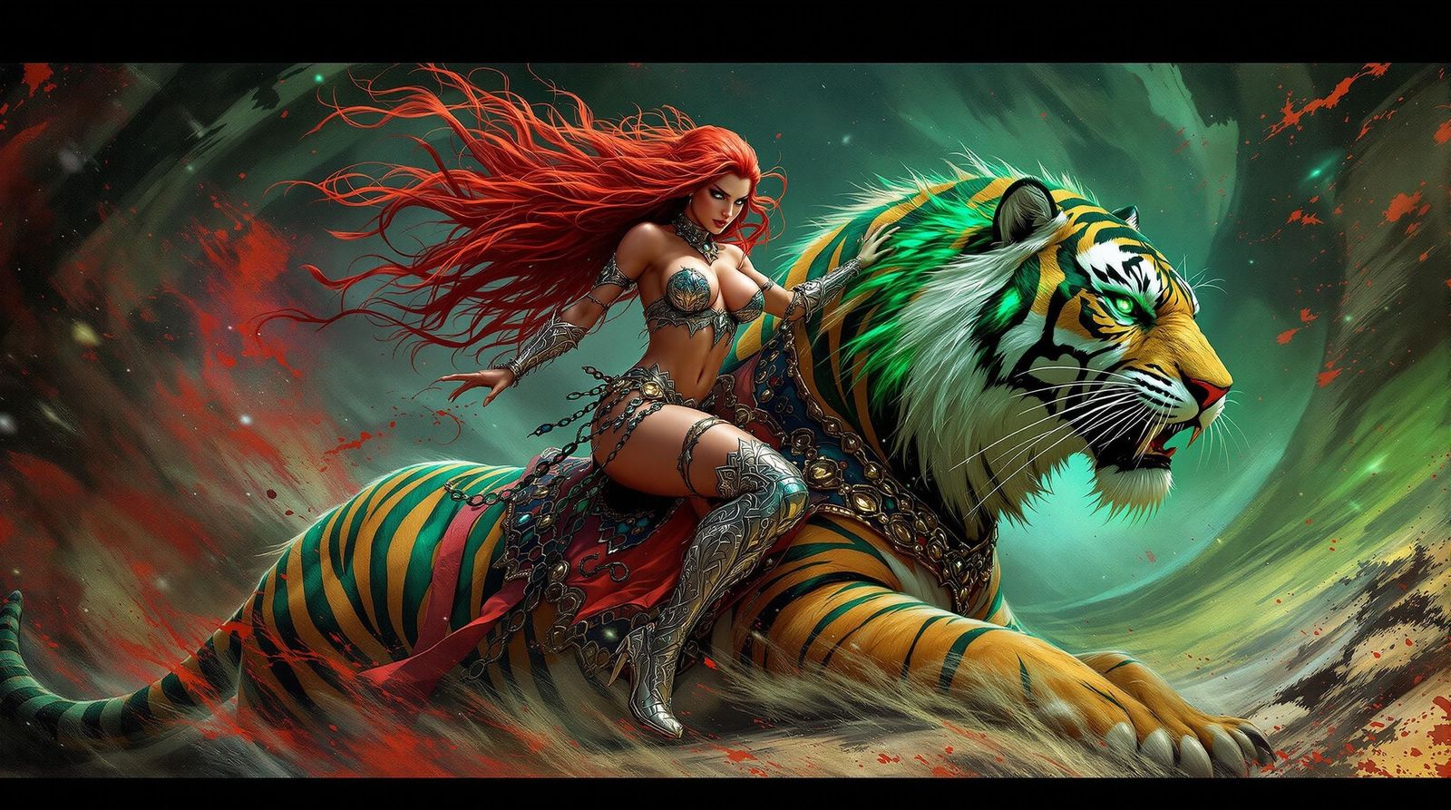 Epic Red Sonja Riding Striped Tiger in Dreamlike Realm