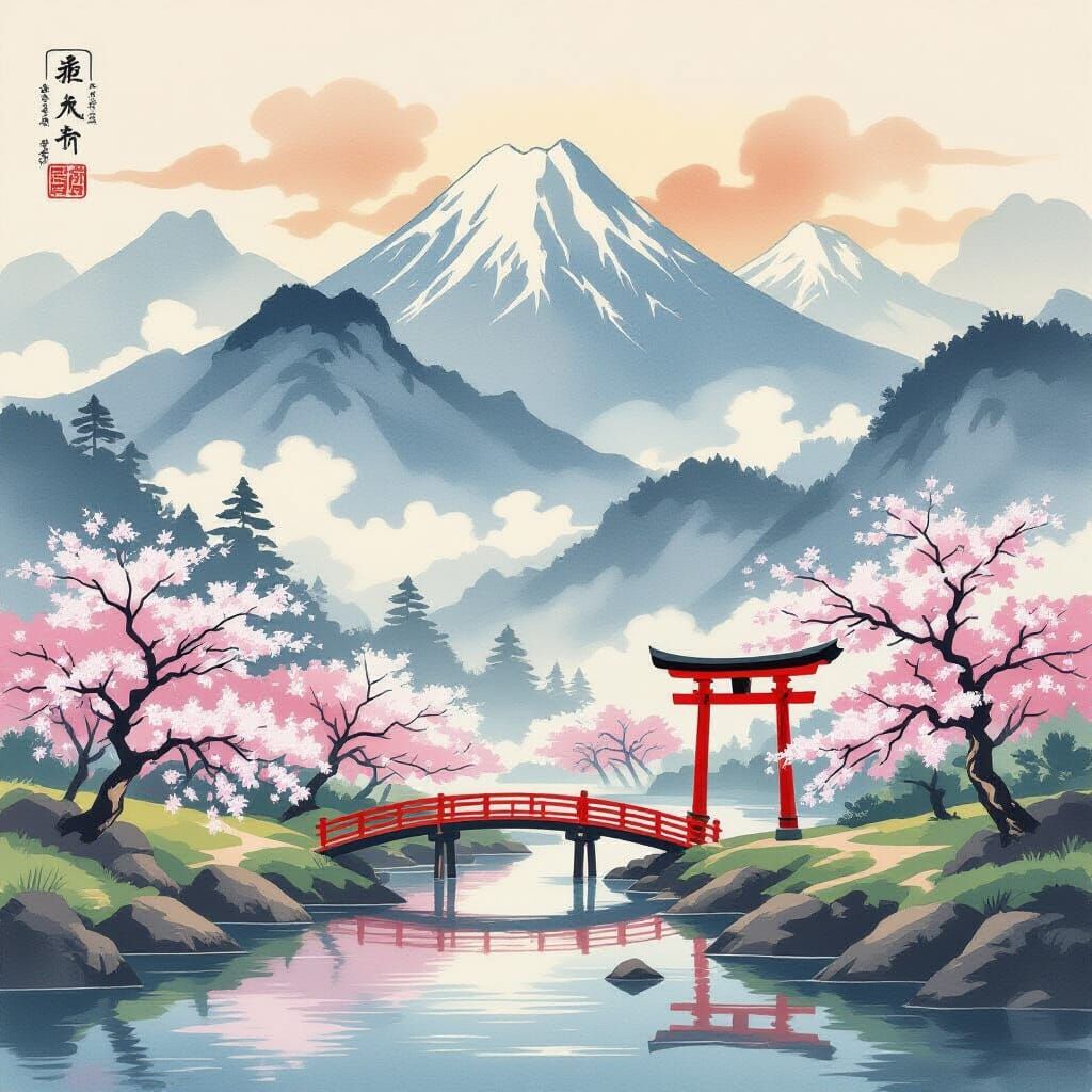 Ukiyo-e Style Japanese Landscape Painting with Cherry Blosso...