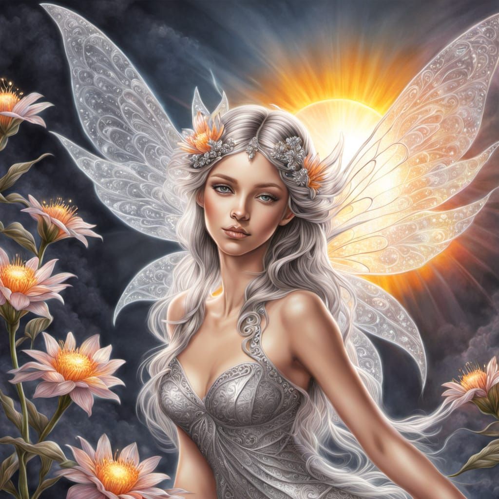 Hyper Realistic Fairy on Exotic Flower in Whimsical Sky