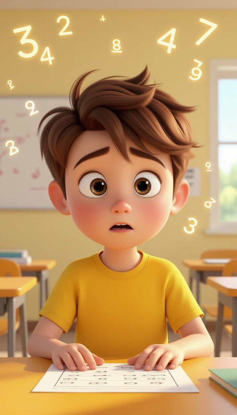 Confused 3D Cartoon Boy in Classroom Math Lesson