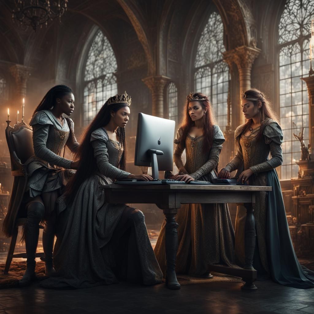 Medieval Princess Developers Debugging Code: Digital Matte P...