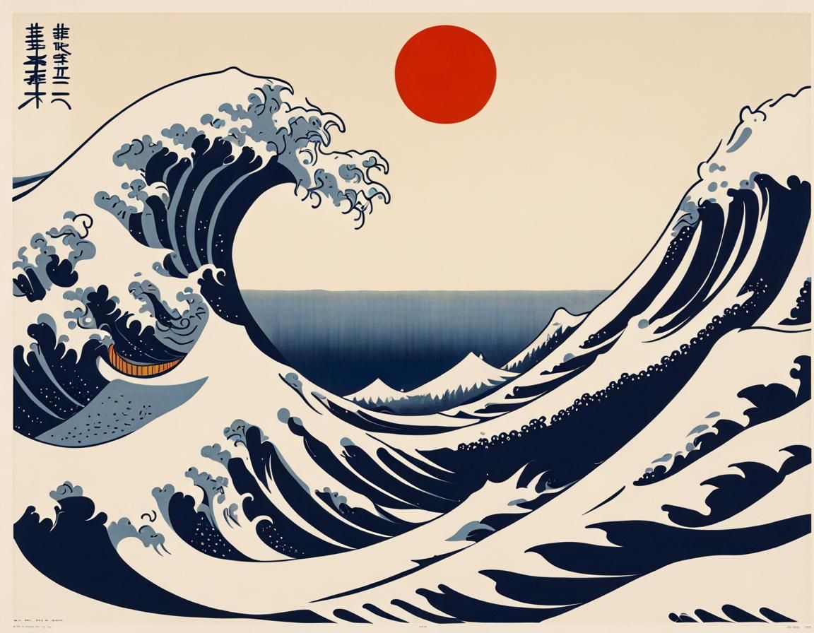 art by Massimo Vignelli and Paul Rand, the Great Wave off Kanagawa transforming into a network graph