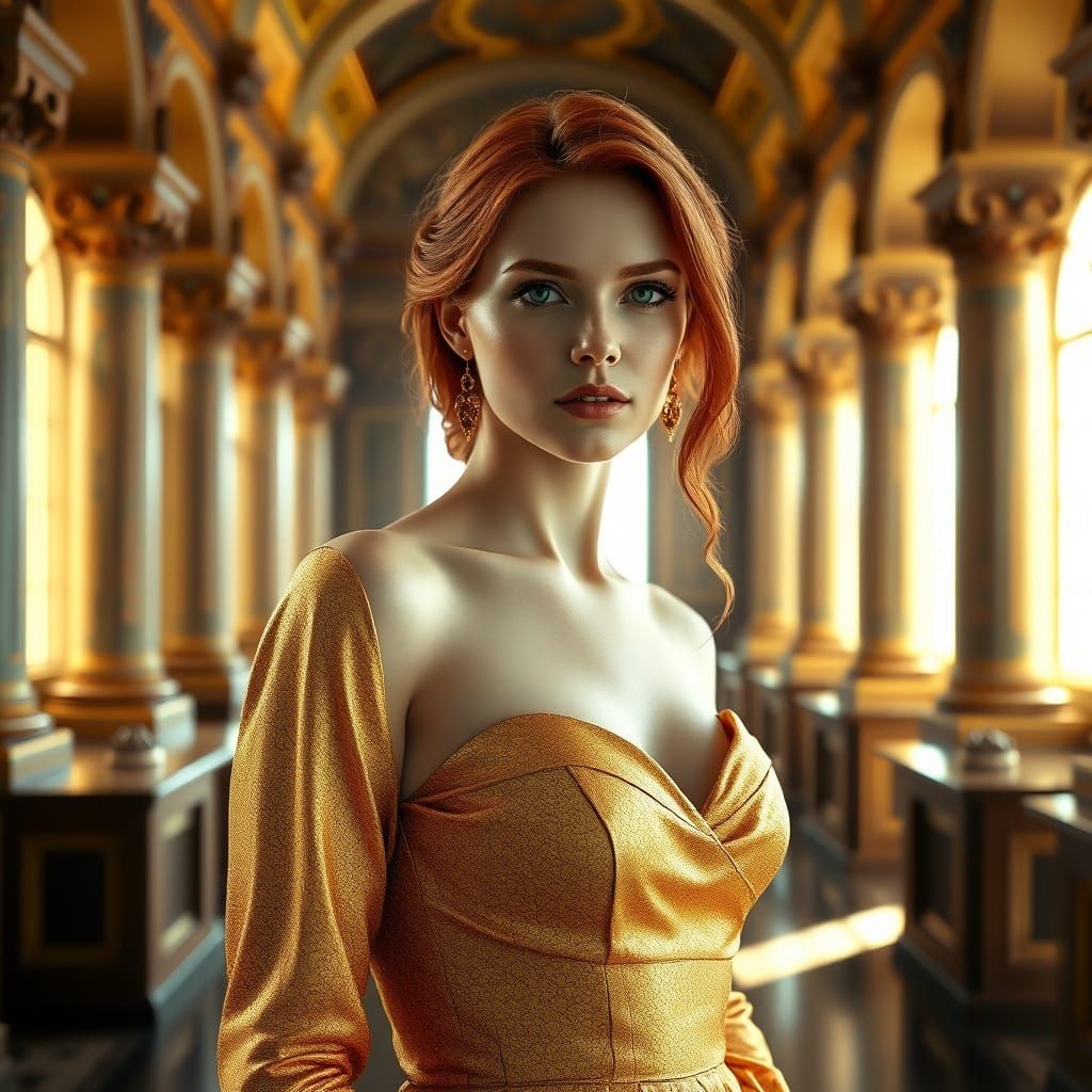 Elegant Woman in Gold Gown, Renaissance Style