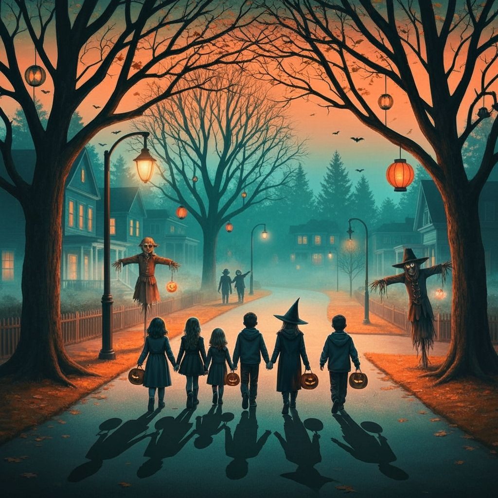 Eerie Autumn Dusk Street with Costumed Children and Ghostly ...