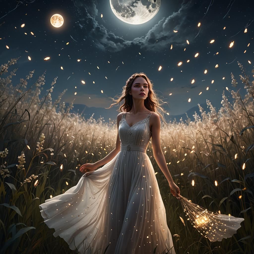 Girl in Field at Night with Fireflies, Matte Painting
