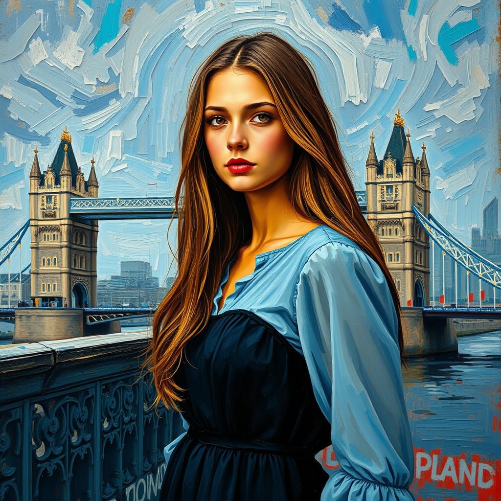 A beautiful young English woman poses in front of London Bri...