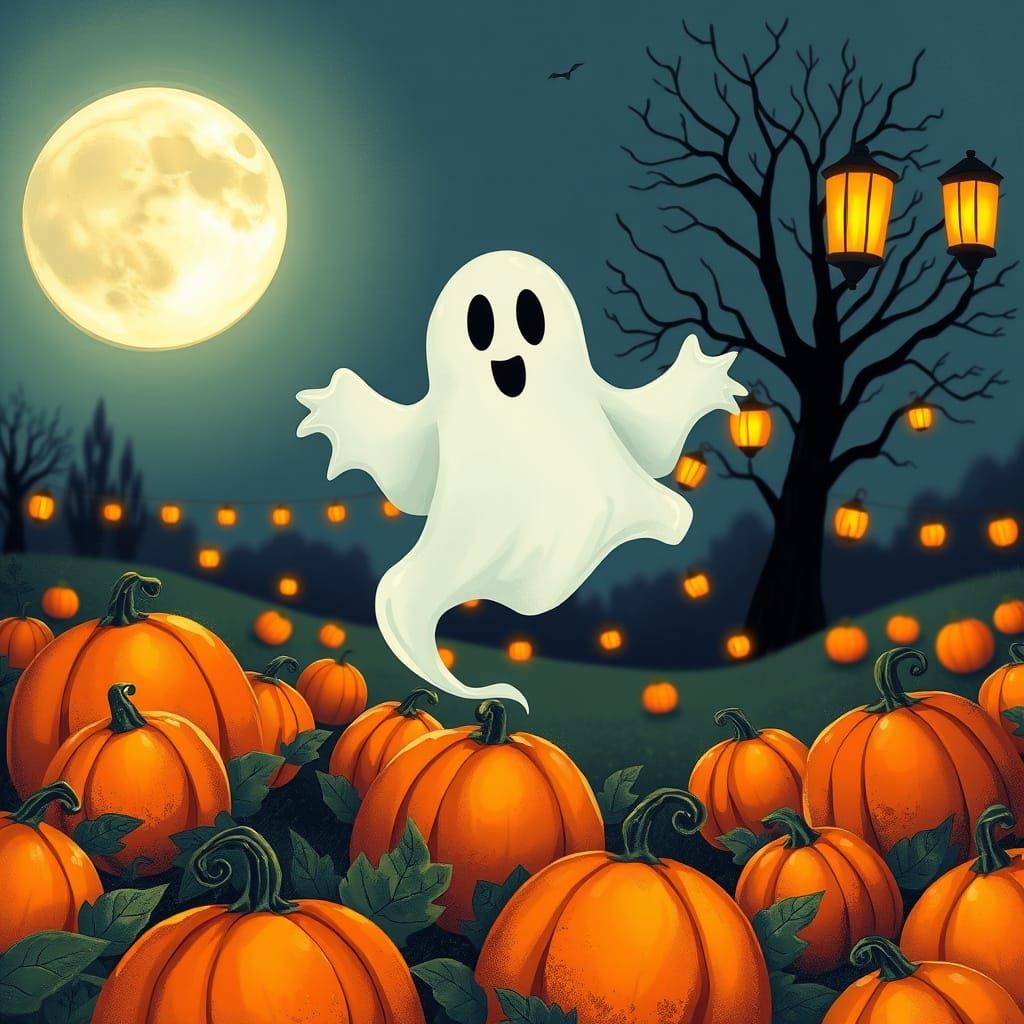Friendly Ghost Over Pumpkin Patch in Storybook Style