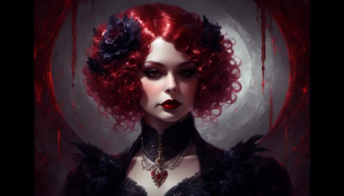 Hyperrealistic Flapper Vampiress Portrait with Red Hair