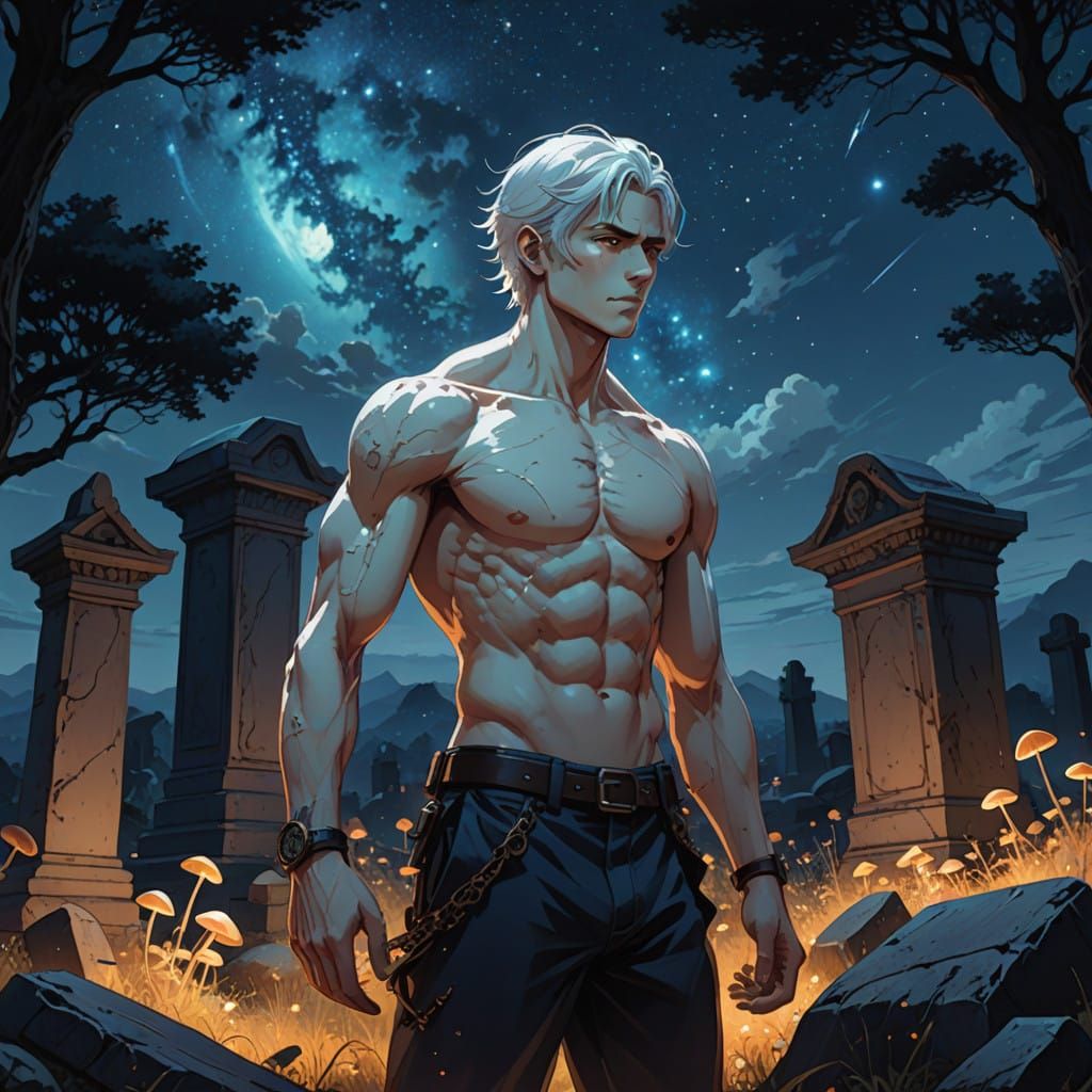 Youthful Spirit Before Ancient Grave at Dusk