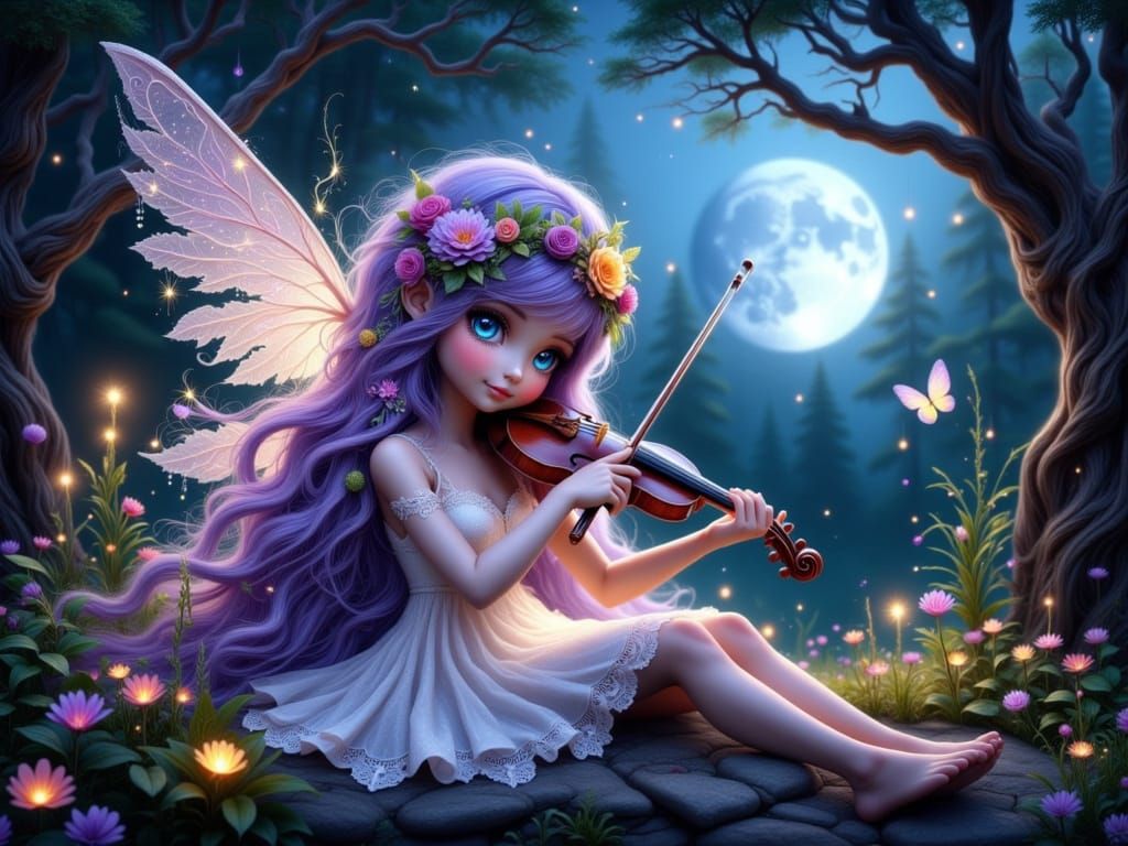 Whimsical Fairy Plays Violin Under Starry Night