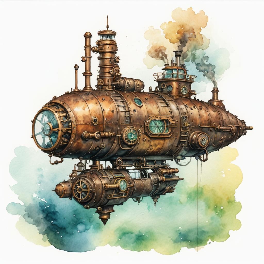 Steampunk submarine, watercolor