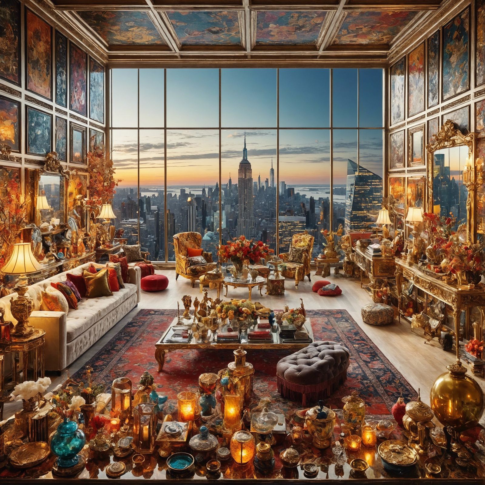 Maximalist Penthouse Interior with NYC Skyline View