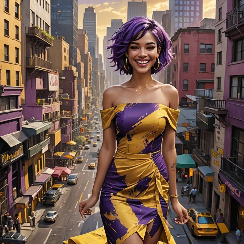 Hispanic Woman with Purple Hair in Metropolis