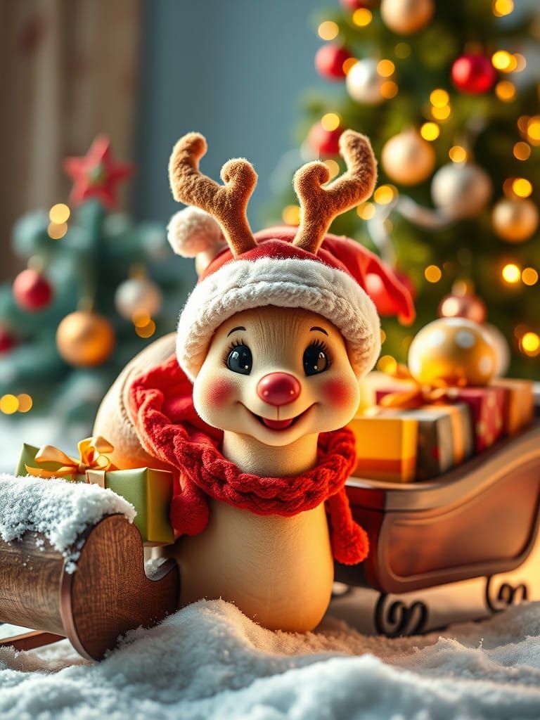 Surreal Winter Wonderland Scene with a Smiling Snail Reindee...