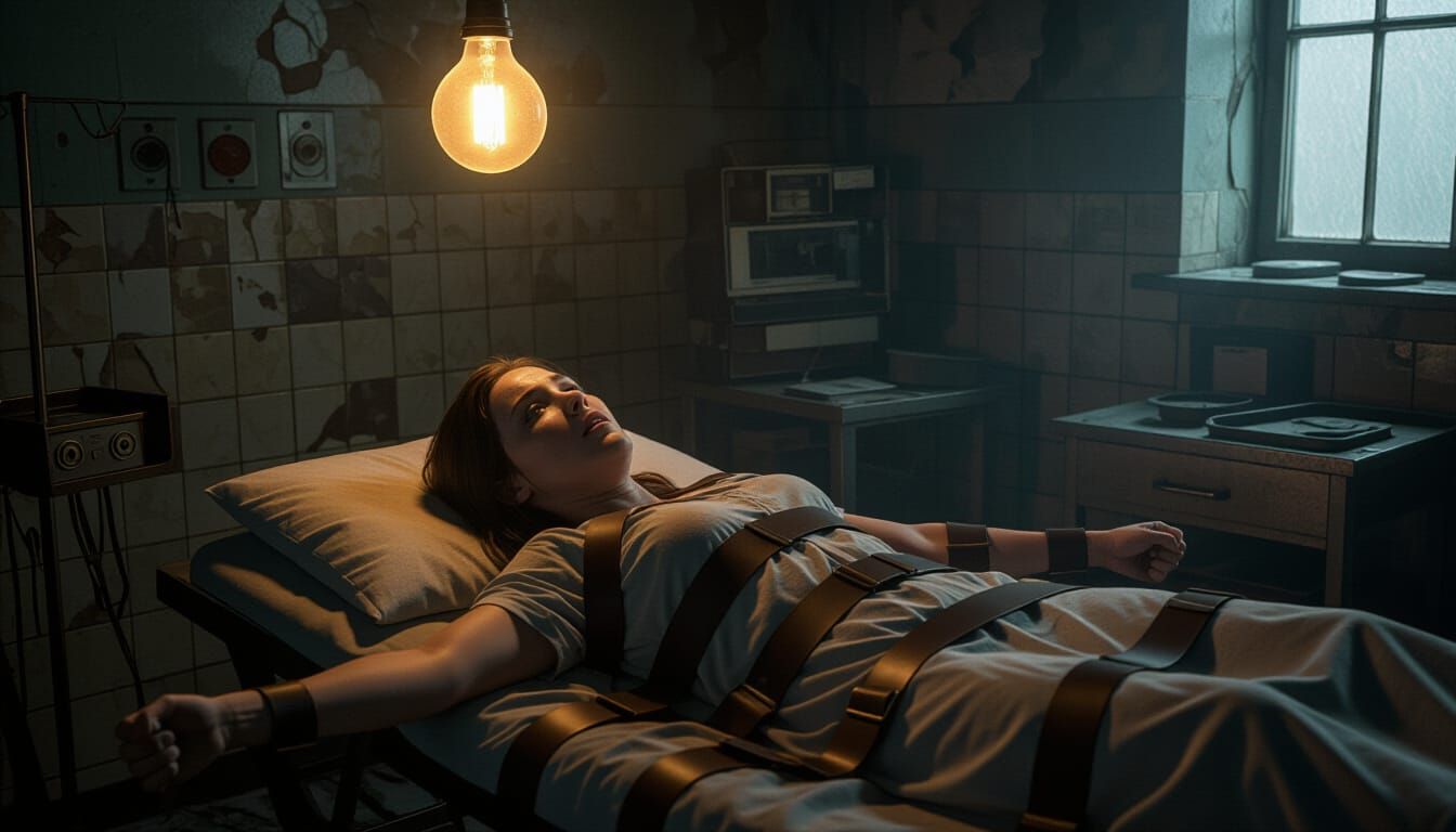 Terrified Woman Restrained on Medical Table in Haunted Asylu...