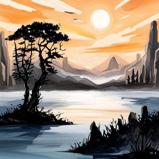 Futuristic Landscape with Spaceship in Watercolor Style