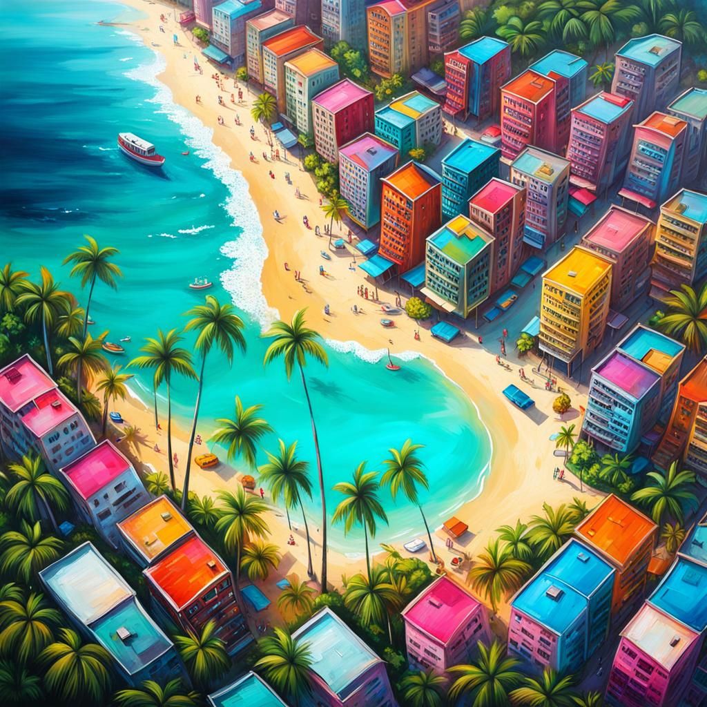Tropical Coastal City Aerial View in Graffiti Style