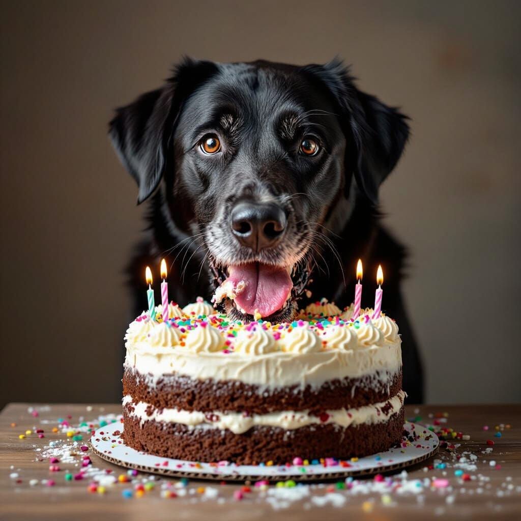 Big Black Dog Named Pickles Eating Birthday Cake