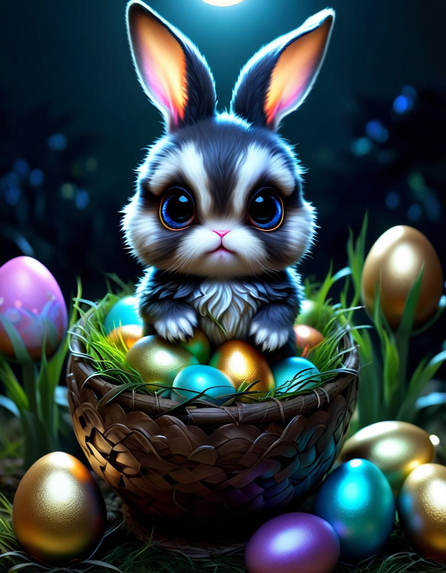 Chibi Bunny and Easter Eggs in Moonlight