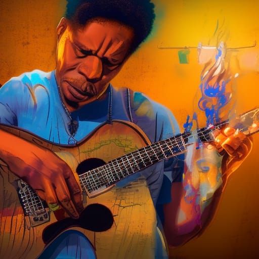 8k design of a blues guitar player at a junk joint