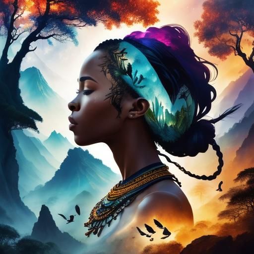 African Woman Portrait with Double Exposure Landscape