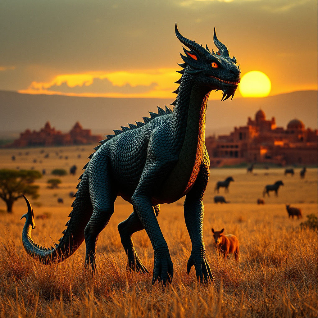 Majestic Fire Wyrm on African Savannah at Sunset