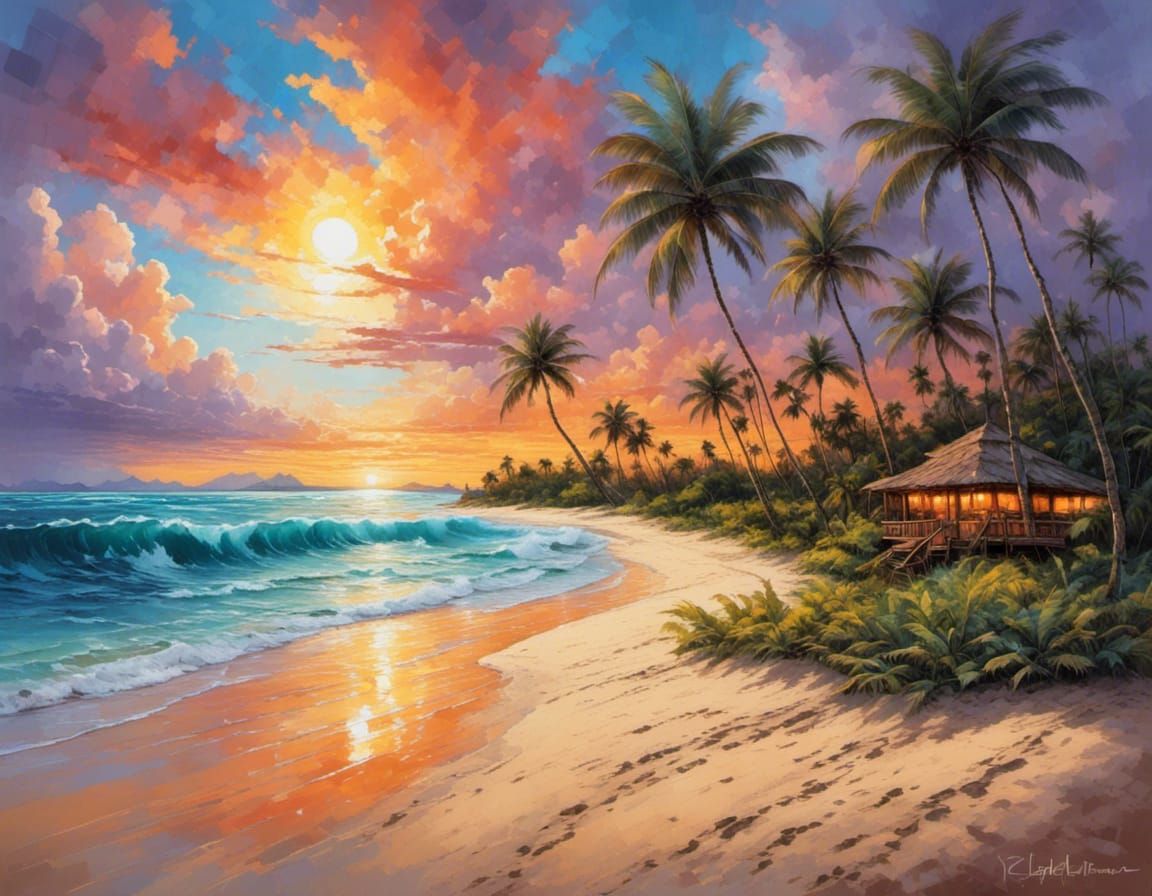 Tropical Beach Sunset in Mixed Media Impasto Style