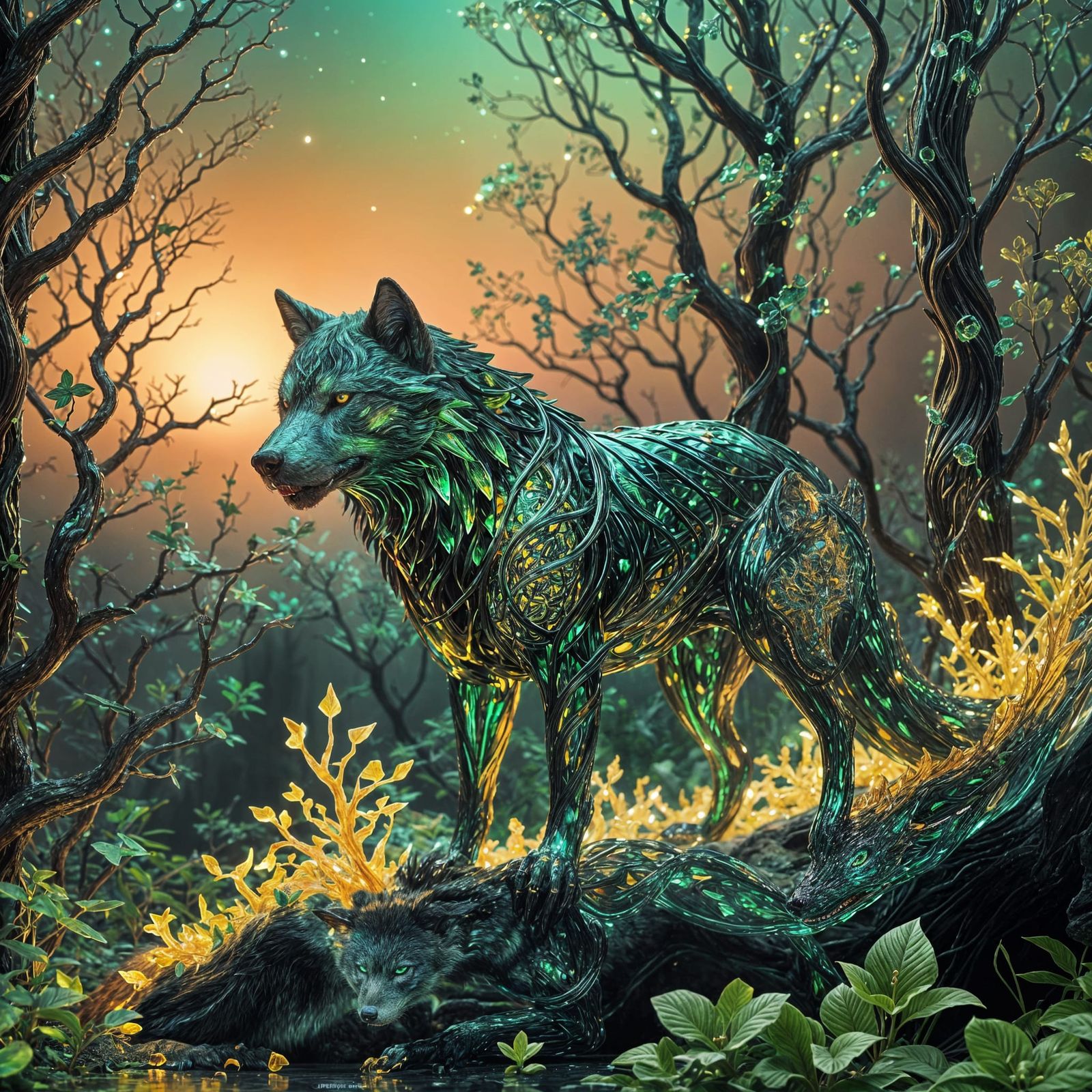 Emerald Crystal Wolf with Bioluminescent Vines