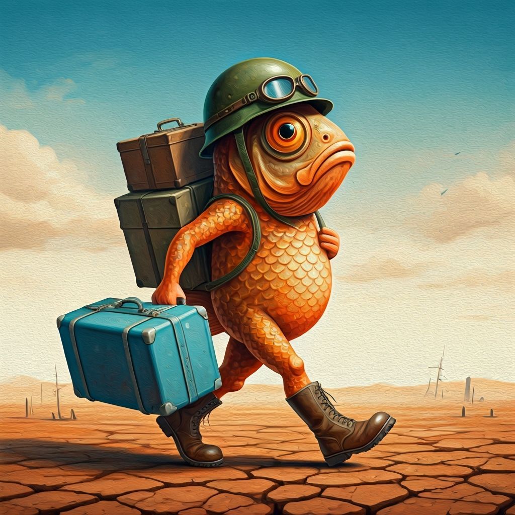 Surreal Whimsical Fish Soldier in Gouache Oil Painting