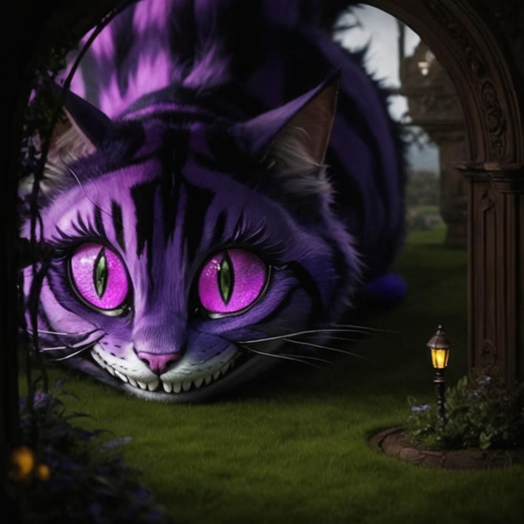 Hyperrealistic Cheshire Cat Grinning in Wonderland