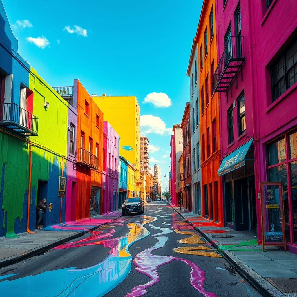 Vibrant Surrealist Street Scene with Melting Paint Drips