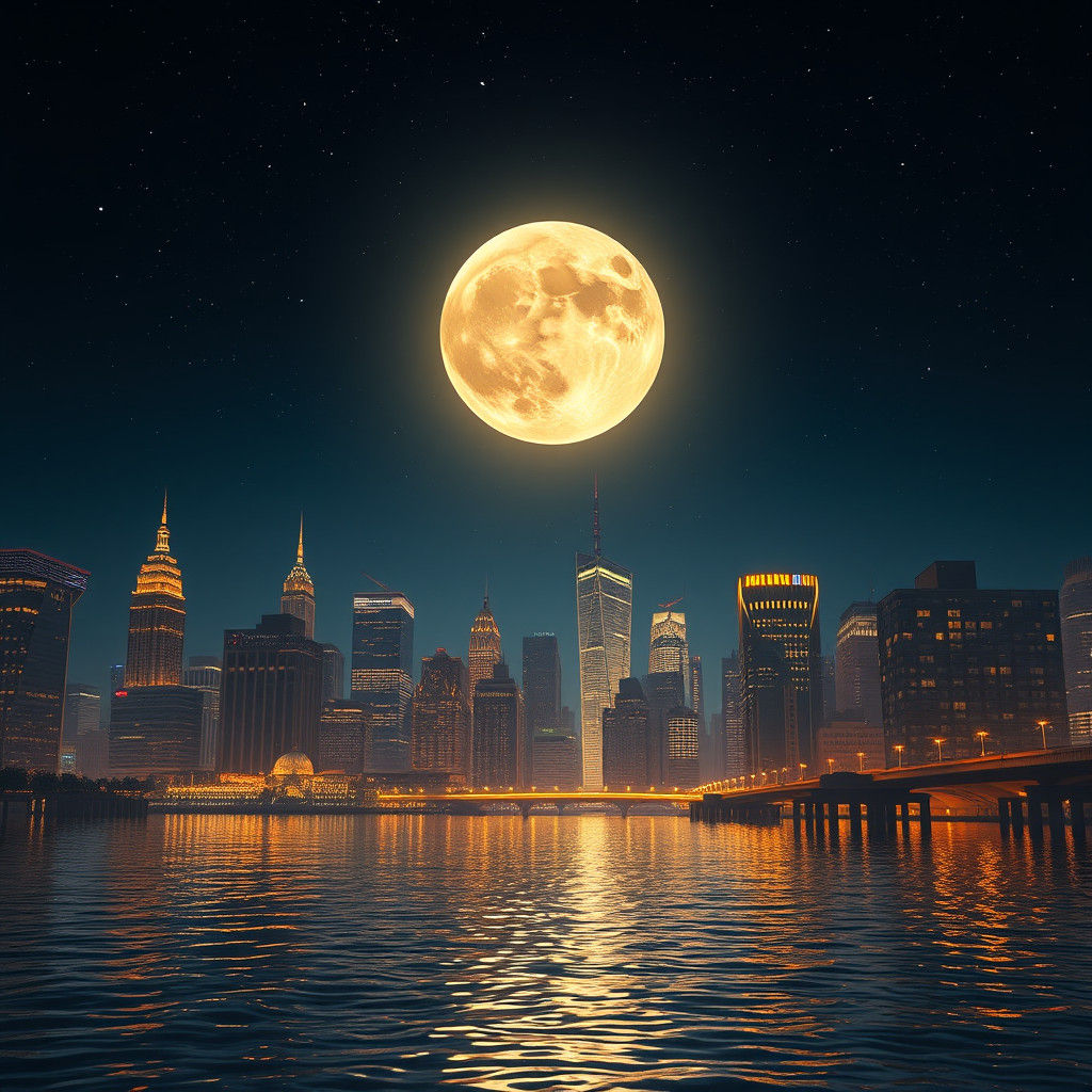 Full Moon Over Metropolis in Hyperrealistic Style