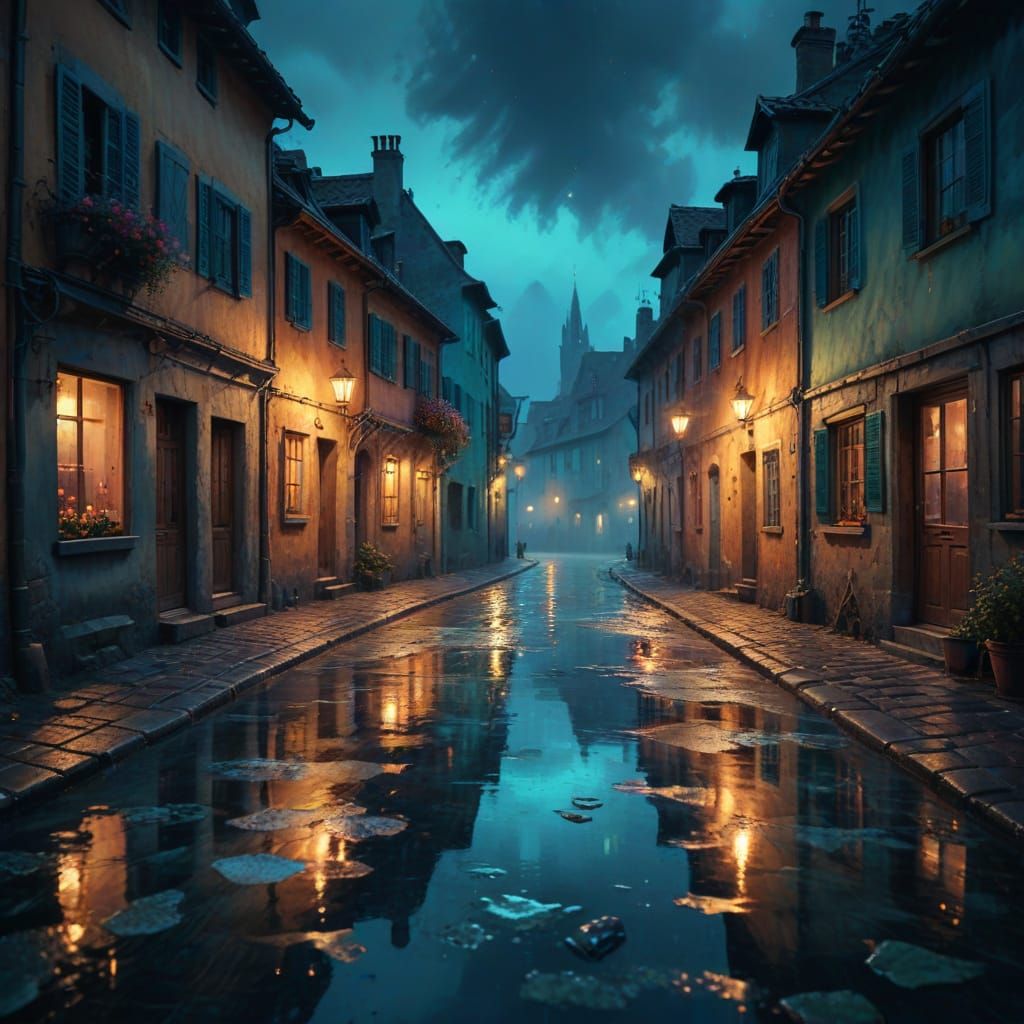 Dreamy European Village Street Scene at Twilight
