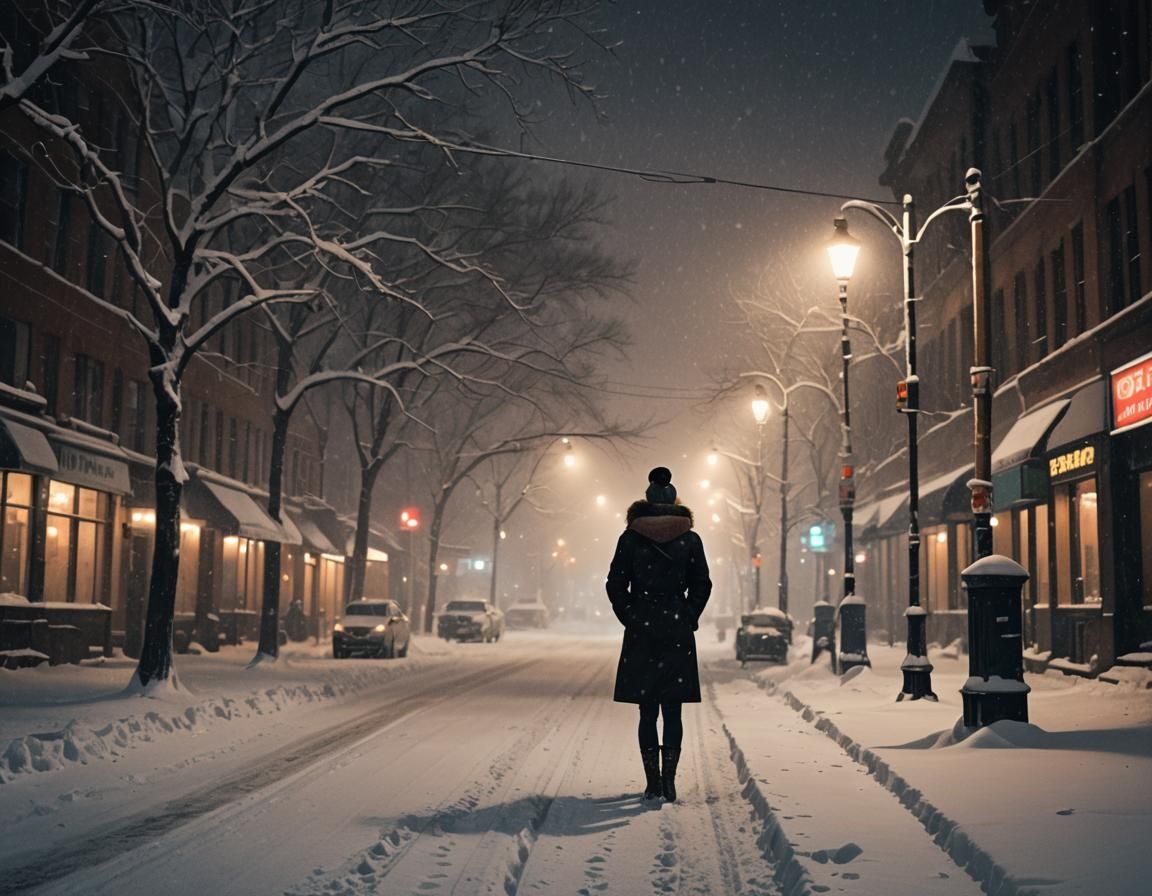 Snowy Uptown Street at Night with Lonely Woman