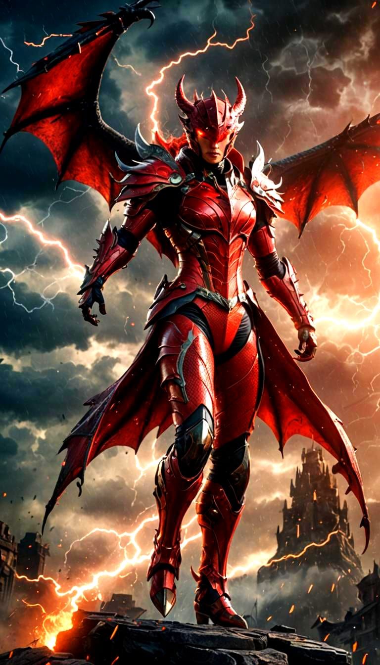 Red Dragon Superheroine Flies Through Lightning Storm