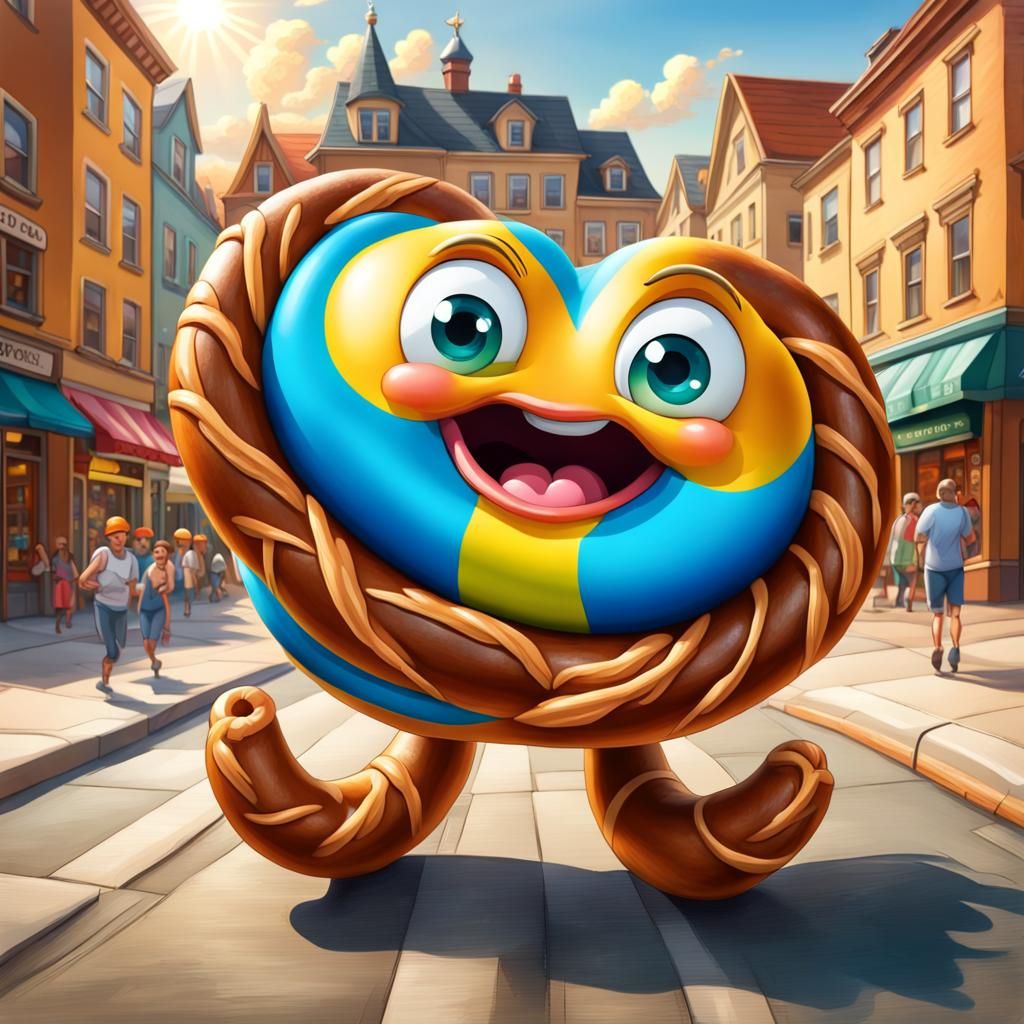 Pretzel Character Running Through Sunny Town Square