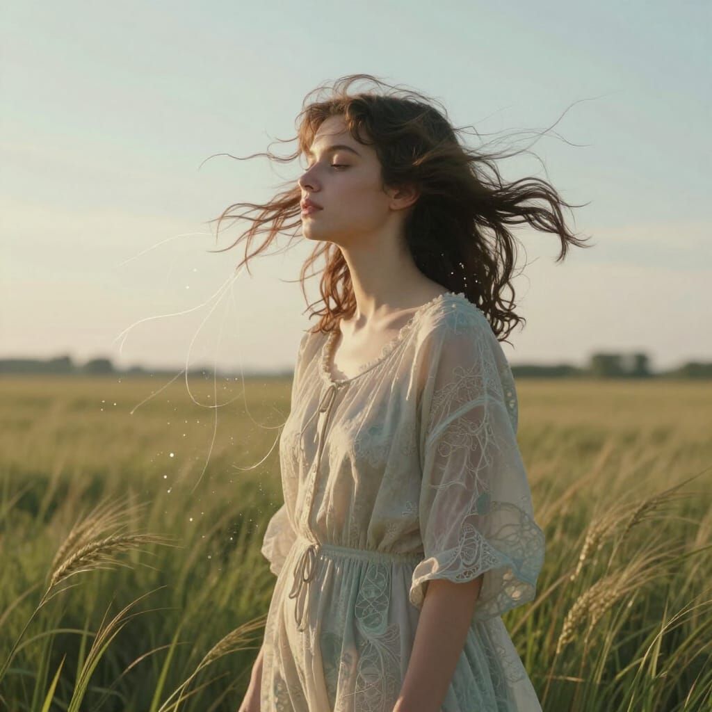Surreal Figure in Field with Flowing Hair and Wind Particles