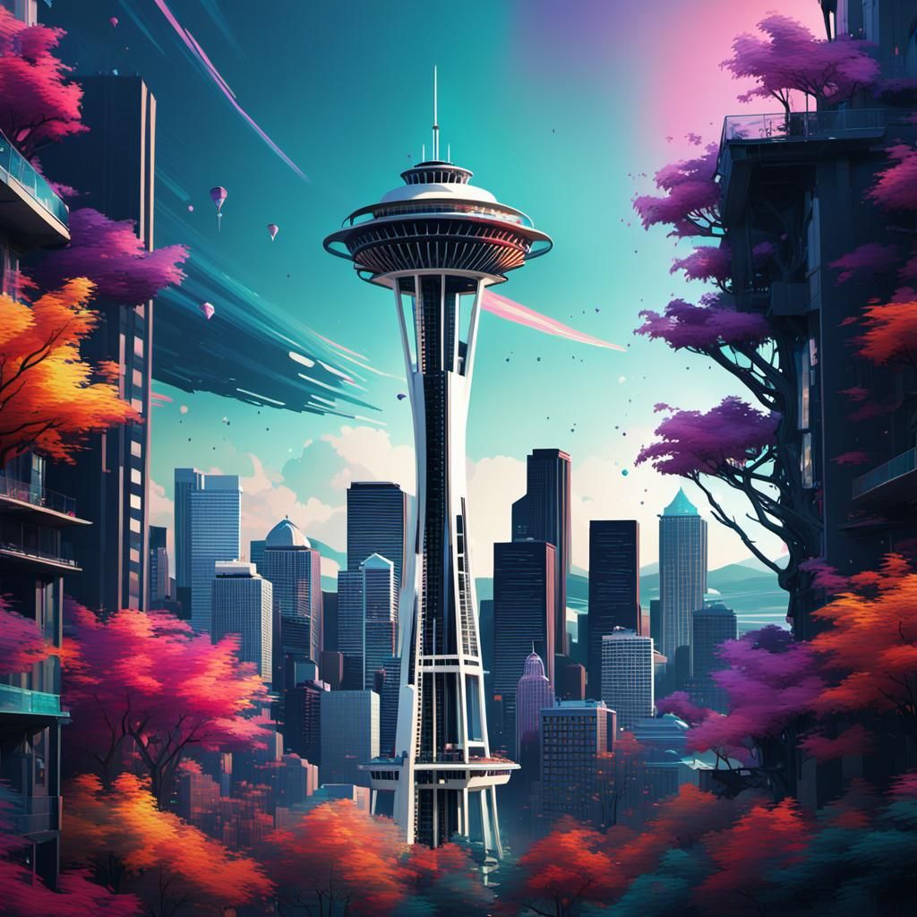 Seattle Space Needle in Glitch Art Style