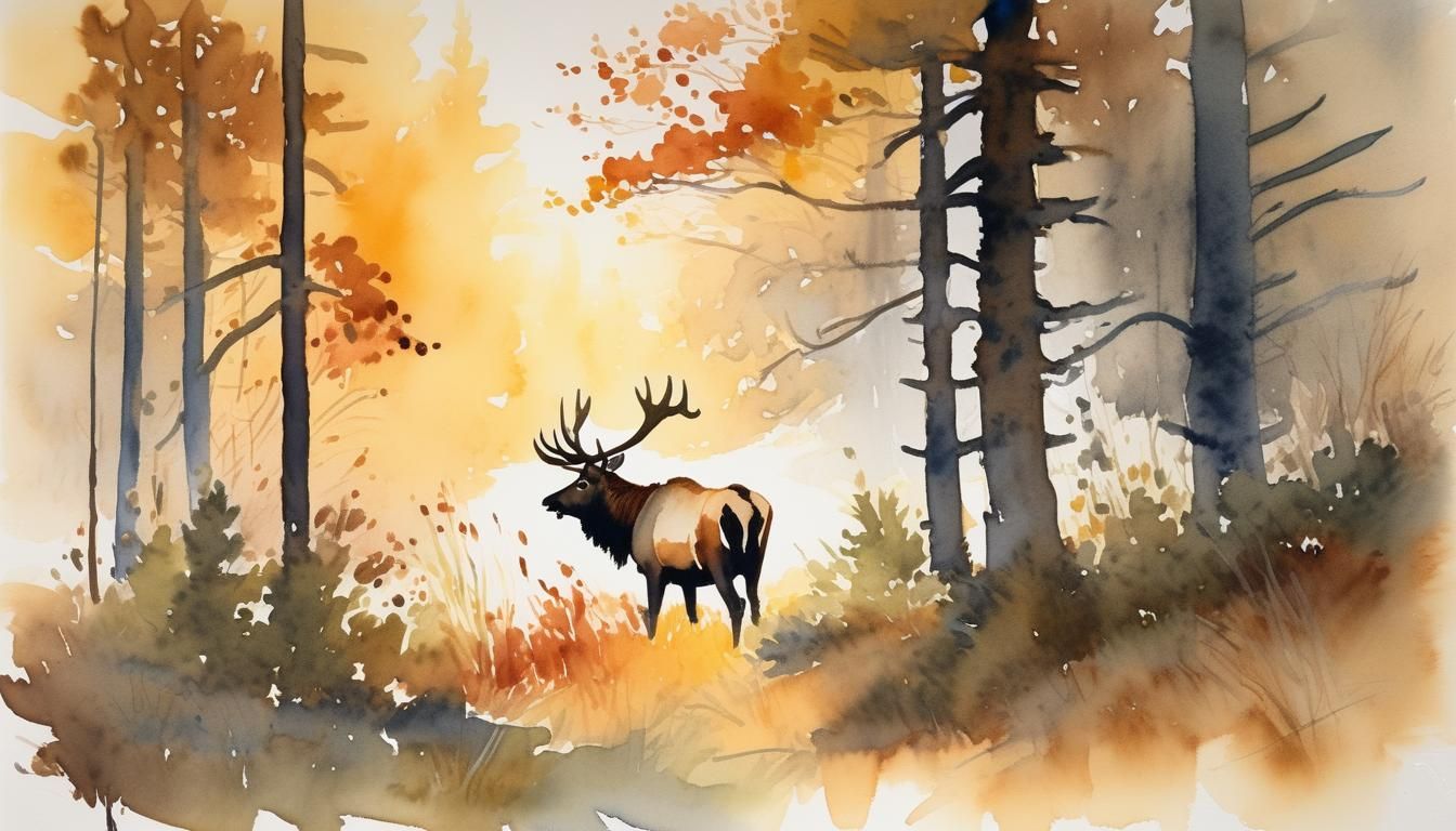 Elk Grazing: Watercolor Landscape in Golden Light