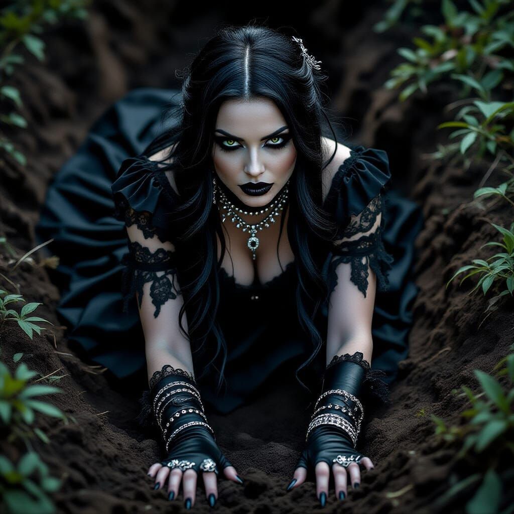 Gothic Woman Emerges from Grave in Photorealistic Style