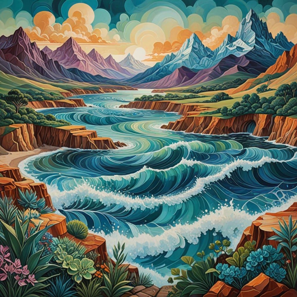 Surrealist Landscape in Cubist Style: Dreamlike Earth and Wa...