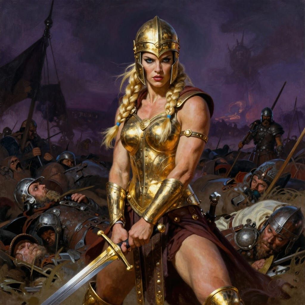 Valkyrie Warrior Woman on Battlefield, Golden Armor