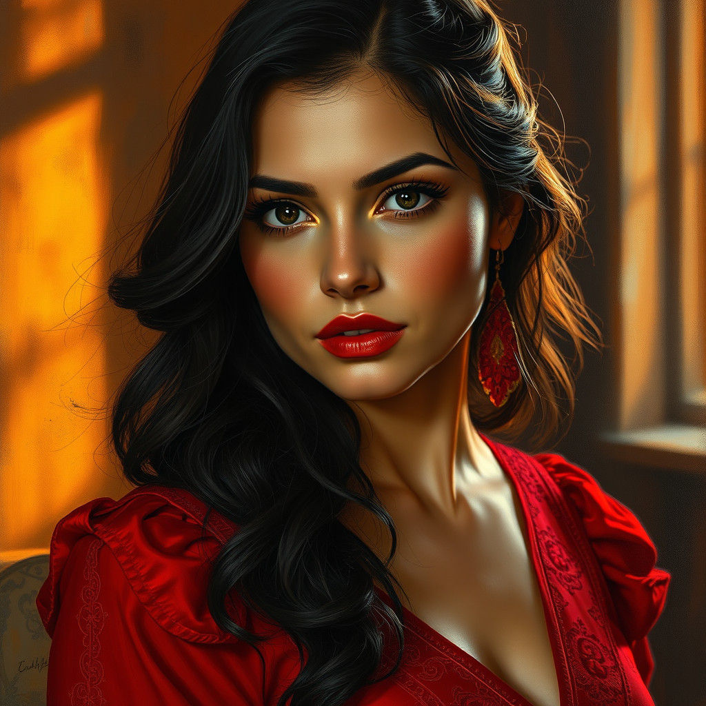 Latina Woman in Red Dress, Romantic Realism Style