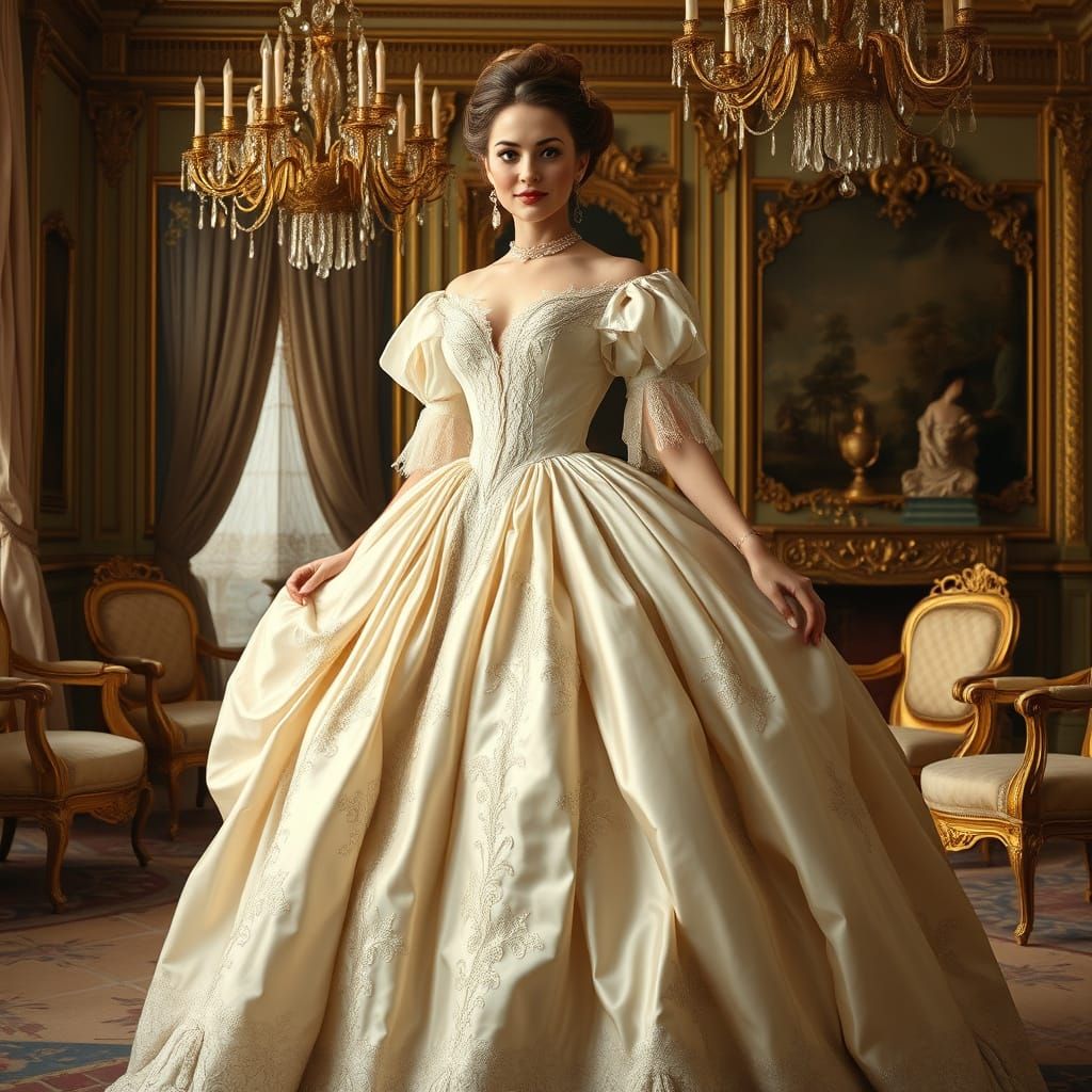 Elegant Rococo Gown in Gilded Salon Oil Painting