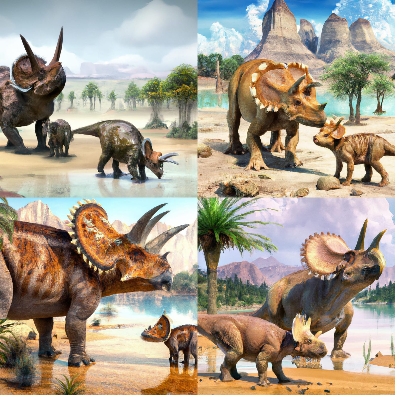 Triceratops Family at Oasis in Prehistoric Pangea