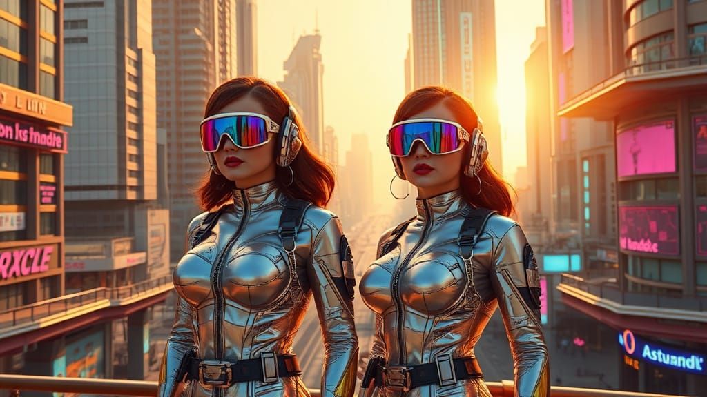 Retro-Futuristic Metropolis with Women in Metallic Uniforms