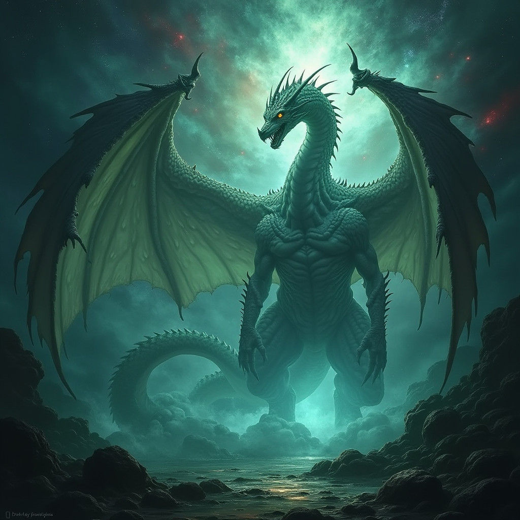 Colossal Five-Headed Dragon in Fiery Vortex