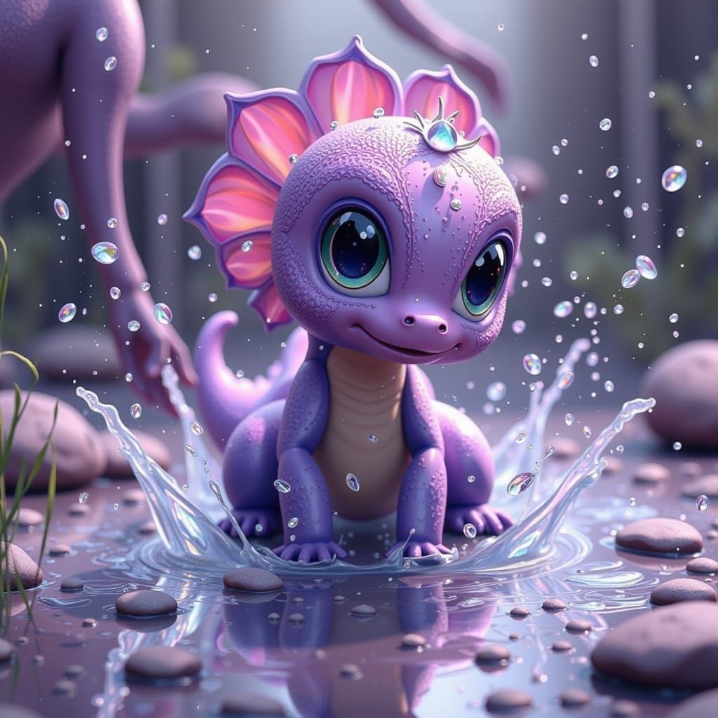 Whimsical Baby Diplodocus Splashing in Puddle