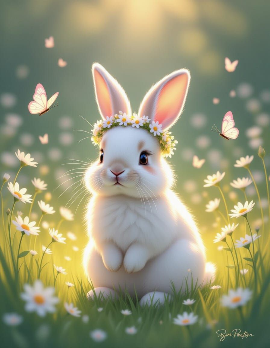 Fluffy Rabbit in Glowing Meadow with Flower Crown