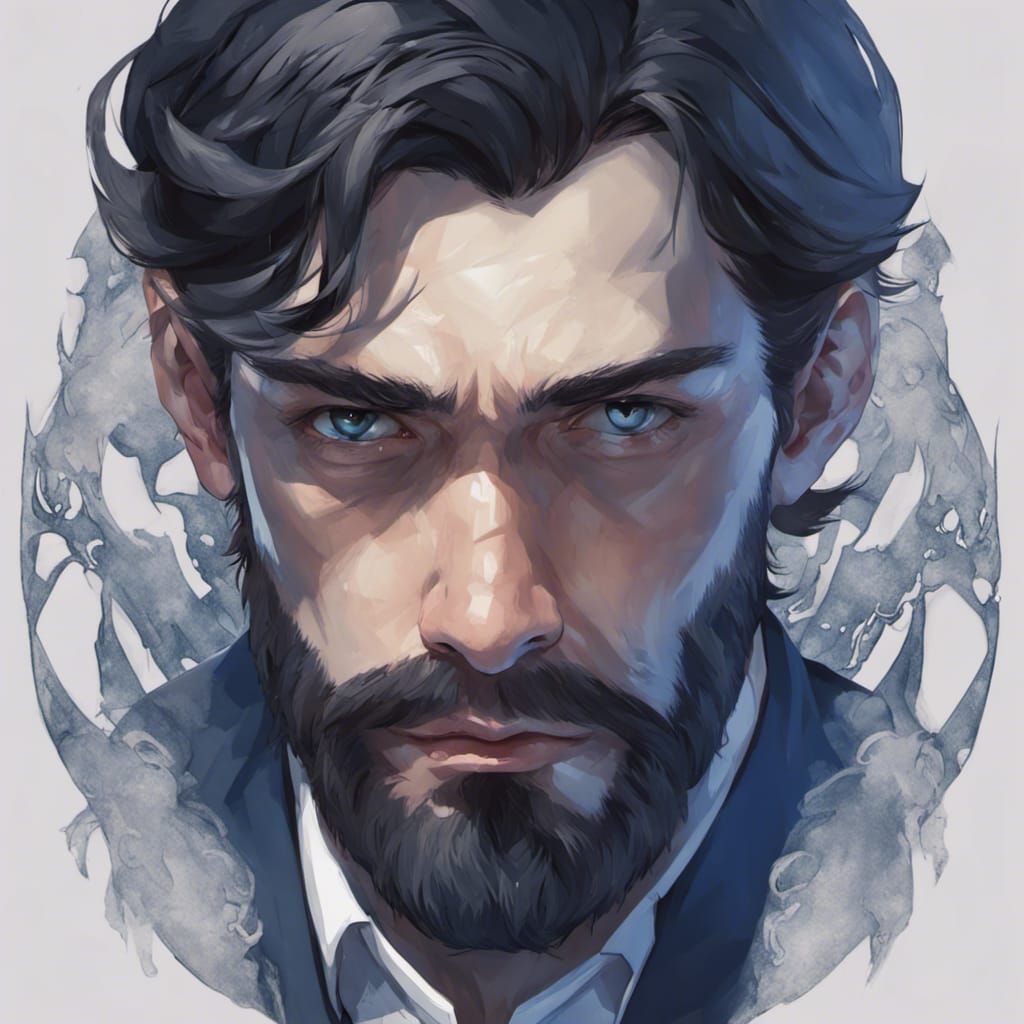 Sad Bearded Man Portrait in Hyperdetailed Style